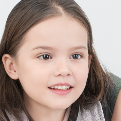 Joyful white child female with long  brown hair and brown eyes