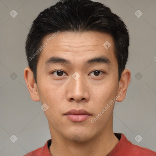 Neutral asian young-adult male with short  brown hair and brown eyes