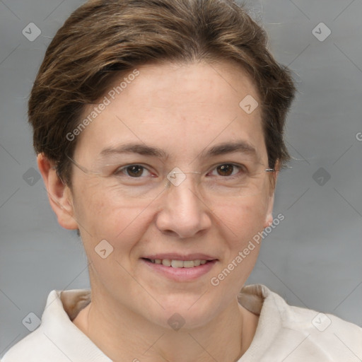 Joyful white adult female with short  brown hair and brown eyes