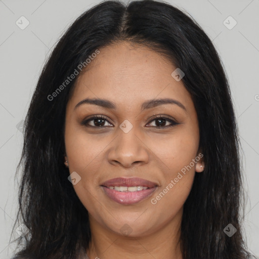 Joyful latino young-adult female with long  brown hair and brown eyes