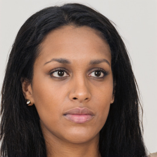 Neutral asian young-adult female with long  black hair and brown eyes