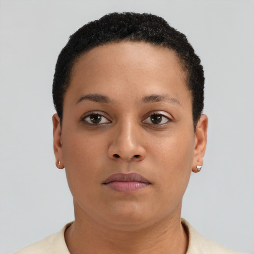 Neutral latino young-adult female with short  brown hair and brown eyes