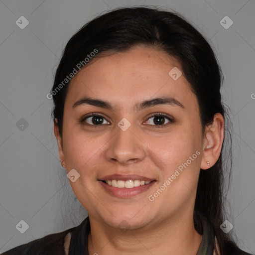 Joyful white young-adult female with long  brown hair and brown eyes