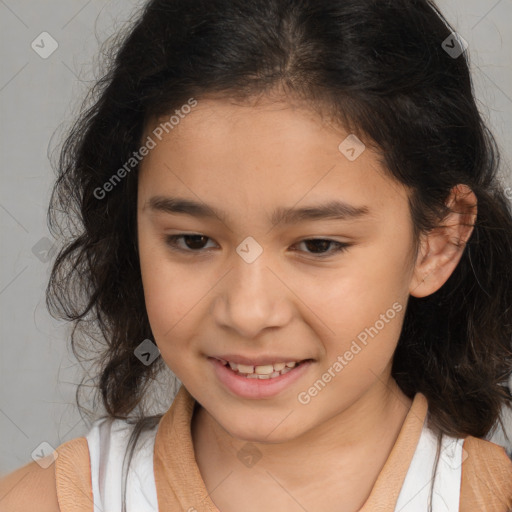 Joyful white child female with medium  brown hair and brown eyes