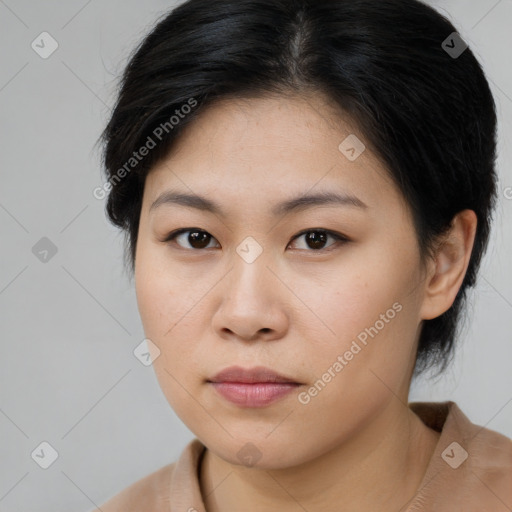 Neutral asian young-adult female with medium  brown hair and brown eyes