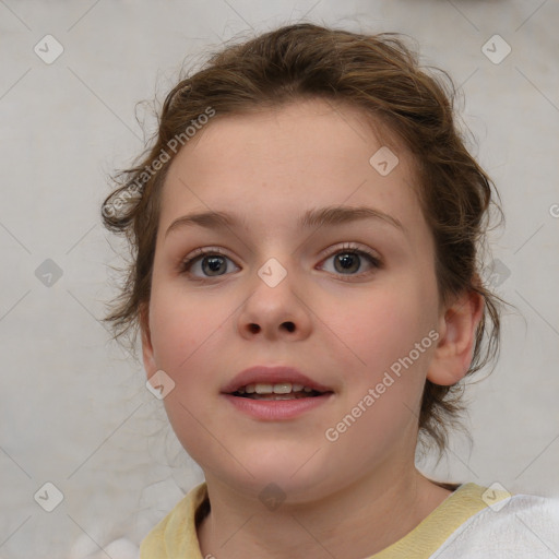 Joyful white child female with medium  brown hair and blue eyes