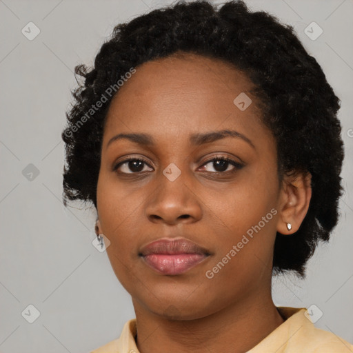 Neutral black young-adult female with short  black hair and brown eyes