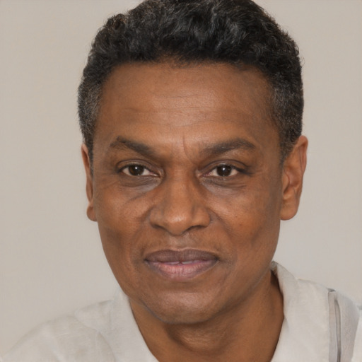 Joyful black adult male with short  black hair and brown eyes