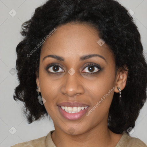 Joyful latino young-adult female with medium  black hair and brown eyes