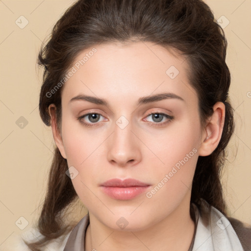 Neutral white young-adult female with medium  brown hair and brown eyes