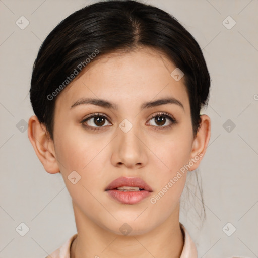 Neutral white young-adult female with short  brown hair and brown eyes