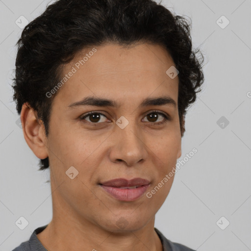 Joyful latino young-adult female with short  brown hair and brown eyes