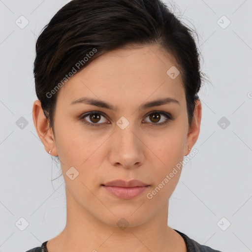 Neutral white young-adult female with medium  brown hair and brown eyes