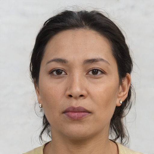 Joyful asian adult female with medium  brown hair and brown eyes