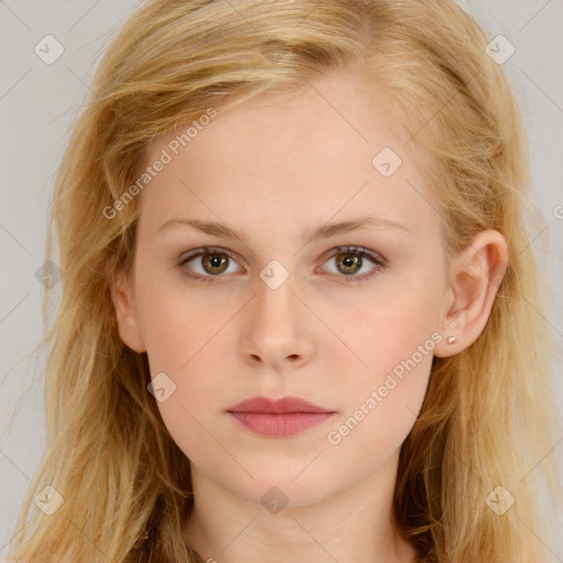 Neutral white young-adult female with long  brown hair and brown eyes