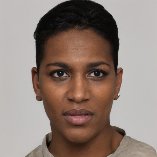 Neutral black young-adult female with short  black hair and brown eyes