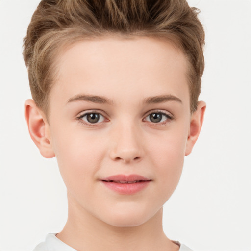 Joyful white child female with short  brown hair and grey eyes