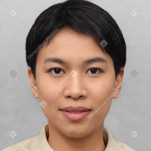Joyful asian young-adult female with short  black hair and brown eyes