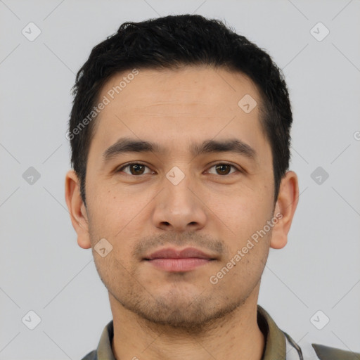 Neutral asian young-adult male with short  black hair and brown eyes