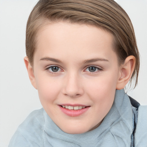 Joyful white child female with medium  brown hair and grey eyes