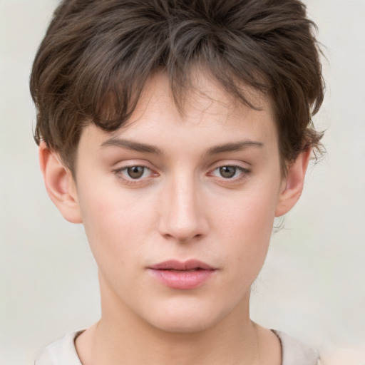 Neutral white young-adult female with short  brown hair and brown eyes