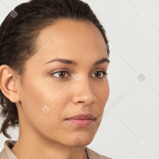 Neutral white young-adult female with short  brown hair and brown eyes