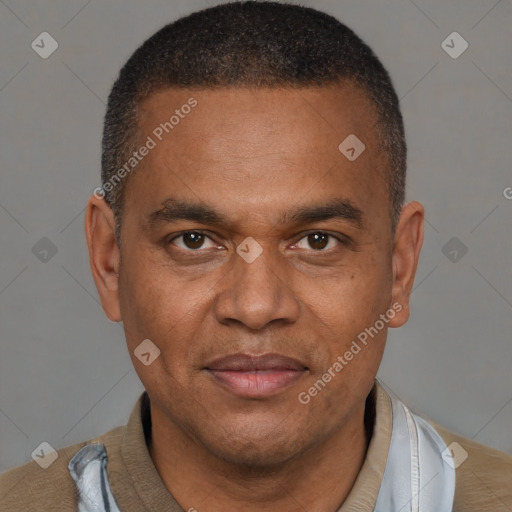 Joyful latino adult male with short  brown hair and brown eyes