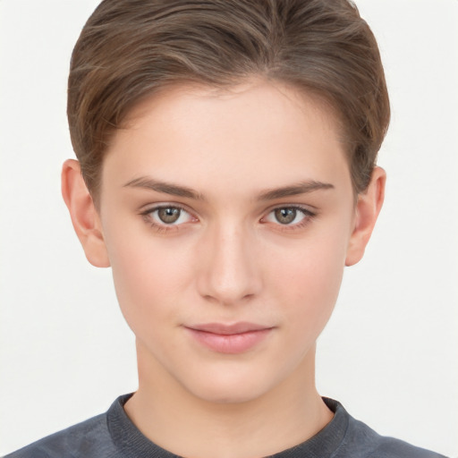 Neutral white young-adult female with short  brown hair and brown eyes