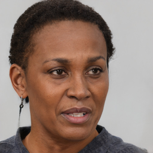 Joyful black adult female with short  brown hair and brown eyes