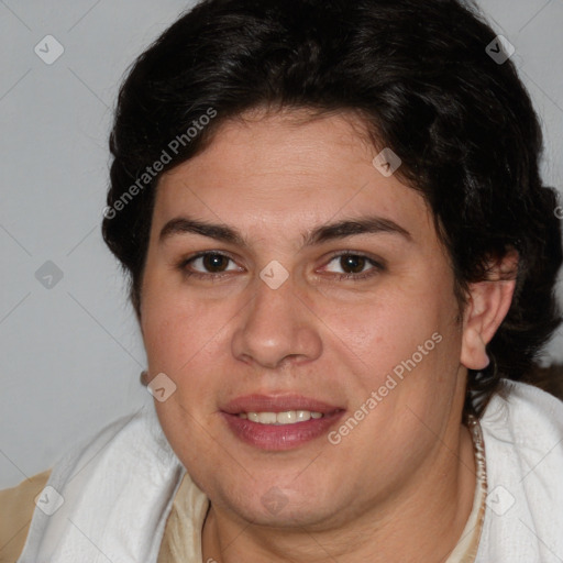 Joyful white adult female with short  brown hair and brown eyes