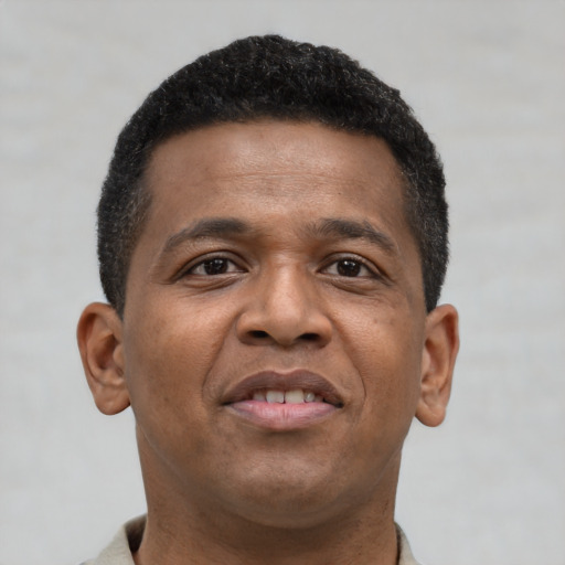 Neutral black adult male with short  brown hair and brown eyes