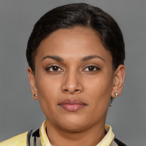 Joyful latino young-adult female with short  brown hair and brown eyes