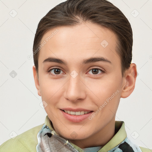 Joyful white young-adult female with short  brown hair and brown eyes