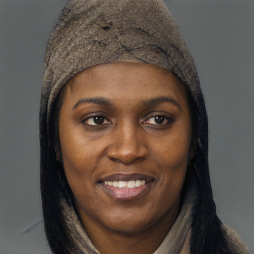 Joyful black young-adult female with long  black hair and brown eyes