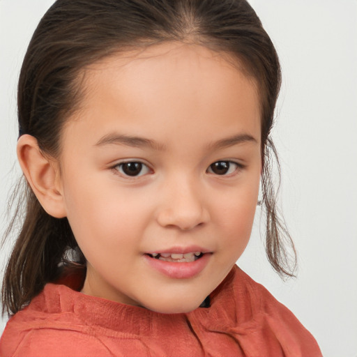 Joyful white child female with medium  brown hair and brown eyes