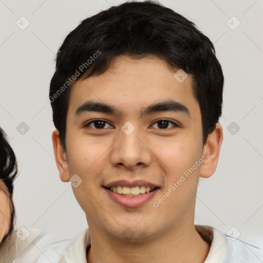 Joyful latino young-adult male with short  black hair and brown eyes