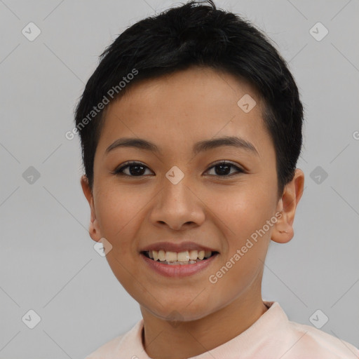 Joyful asian young-adult female with short  black hair and brown eyes