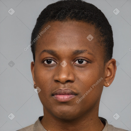 Neutral black young-adult female with short  brown hair and brown eyes