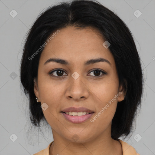 Joyful latino young-adult female with medium  brown hair and brown eyes