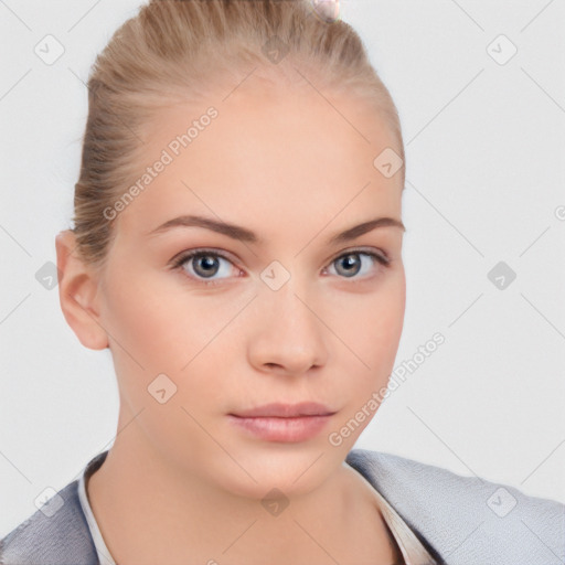 Neutral white young-adult female with short  brown hair and brown eyes