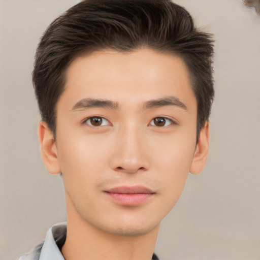 Neutral asian young-adult male with short  brown hair and brown eyes