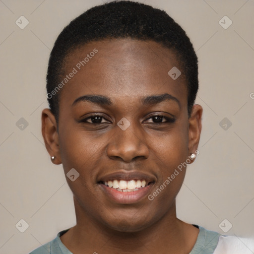 Joyful black young-adult female with short  black hair and brown eyes