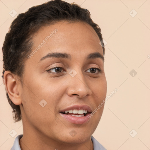 Joyful white young-adult female with short  brown hair and brown eyes