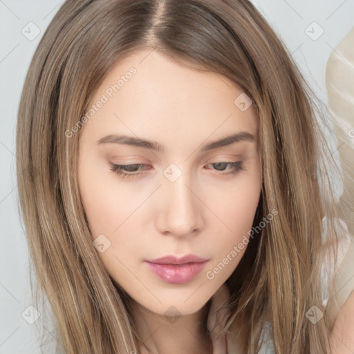 Neutral white young-adult female with long  brown hair and brown eyes