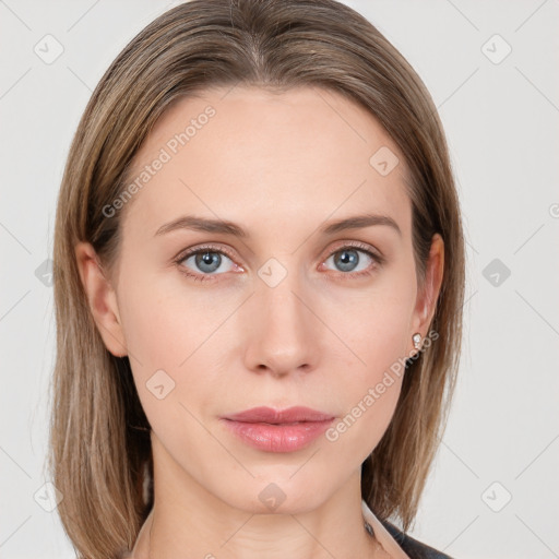 Neutral white young-adult female with medium  brown hair and grey eyes