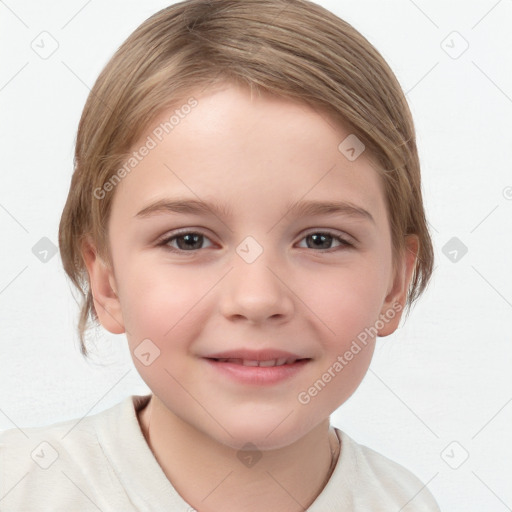 Joyful white child female with medium  brown hair and brown eyes