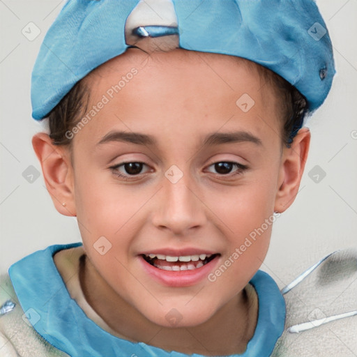 Joyful white child female with short  brown hair and brown eyes