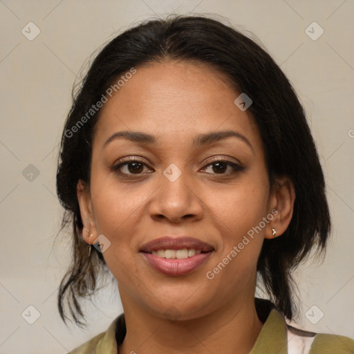 Joyful latino young-adult female with medium  brown hair and brown eyes