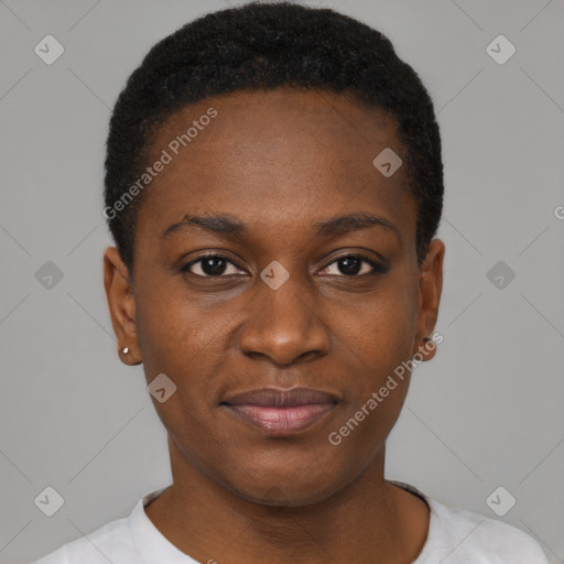 Joyful black young-adult female with short  brown hair and brown eyes