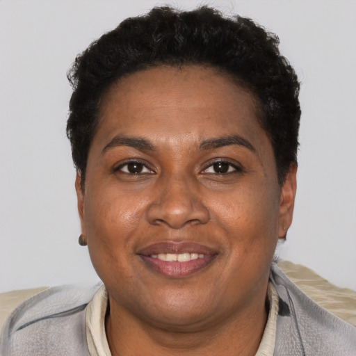 Joyful black adult female with short  black hair and brown eyes